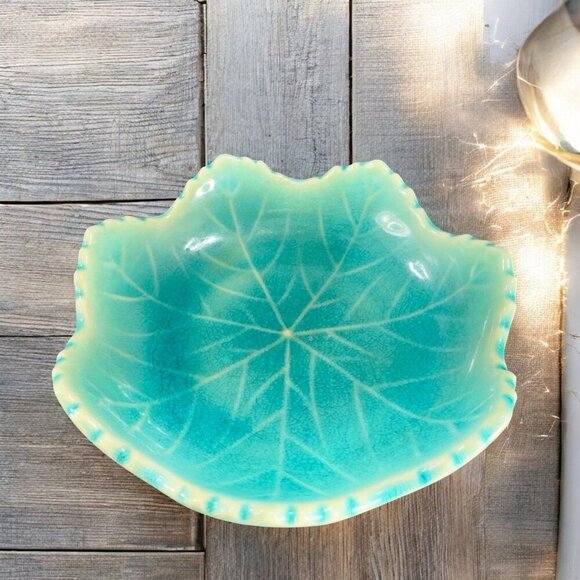 Vintage Japanese Ceramic Leaf Dish Plate Turquoise Crackle Glaze Spoon Rest VTG - Picture 2 of 12